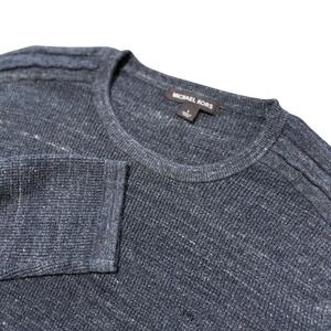 Michael Kors Mens Navy Blue Marled Knit Crewneck Sweater Large MK Logo Pullover